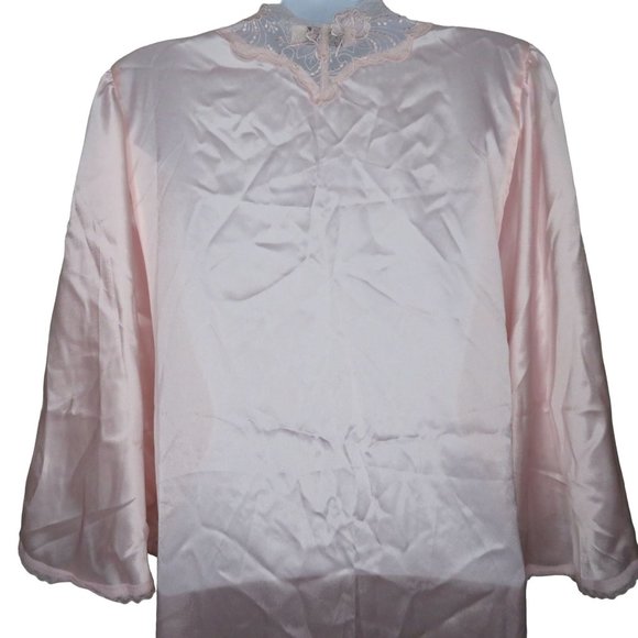 Vintage Full Length Satin Dressing Gown Robe L Pink Lace Belted Bell Sleeve NEW - Picture 8 of 10
